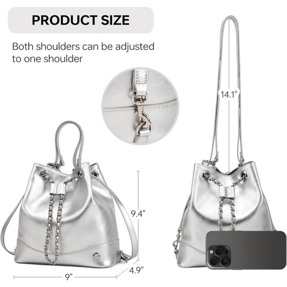 Women\'s Silver Leather Backpack Small Shoulder Handbag with Silver Chain and Dra main image 6